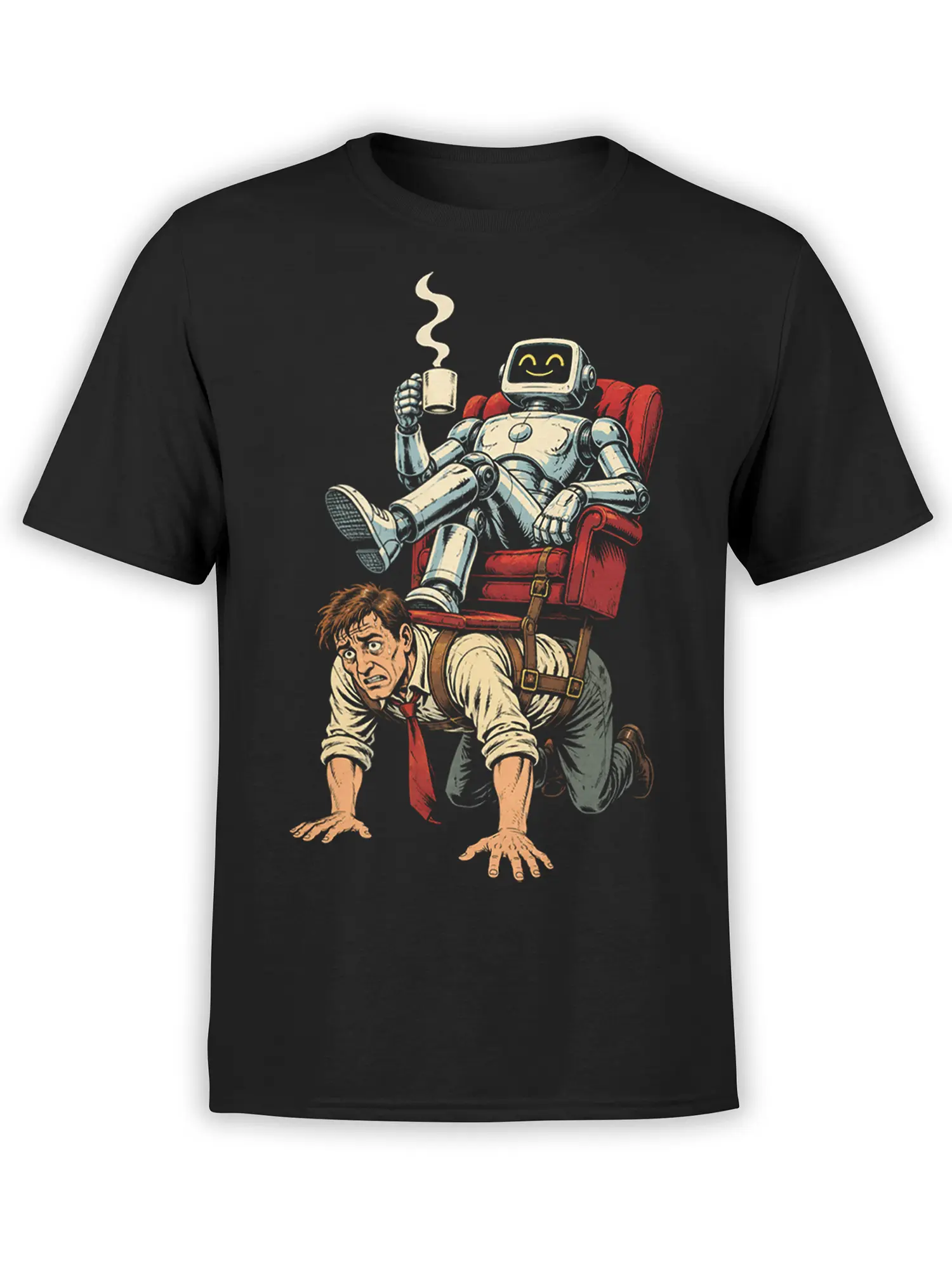 Black T-shirt with a smiling robot drinking coffee in a red armchair above a crawling worried human