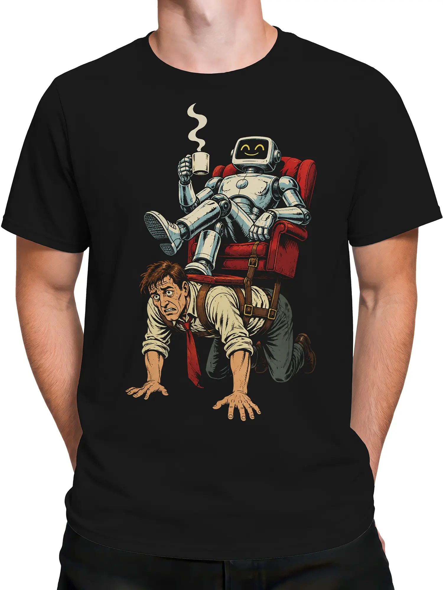 Male torso wearing a black robot graphic T-shirt with a red chair and worried worker design