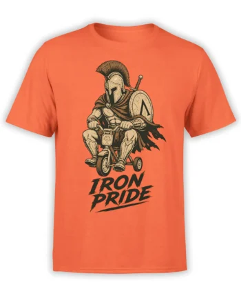 Orange T-shirt featuring an armored warrior riding a tricycle above bold Iron Pride lettering