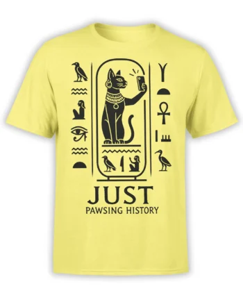 Yellow Egyptian-inspired cat T-shirt with smartphone, ancient symbols, and “Just Pawsing History” design