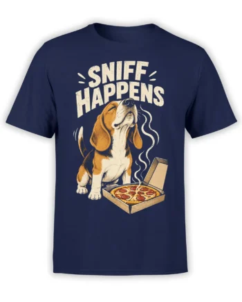 Funny floppy-eared dog and pizza graphic with “SNiff Happens” text on a navy T-shirt