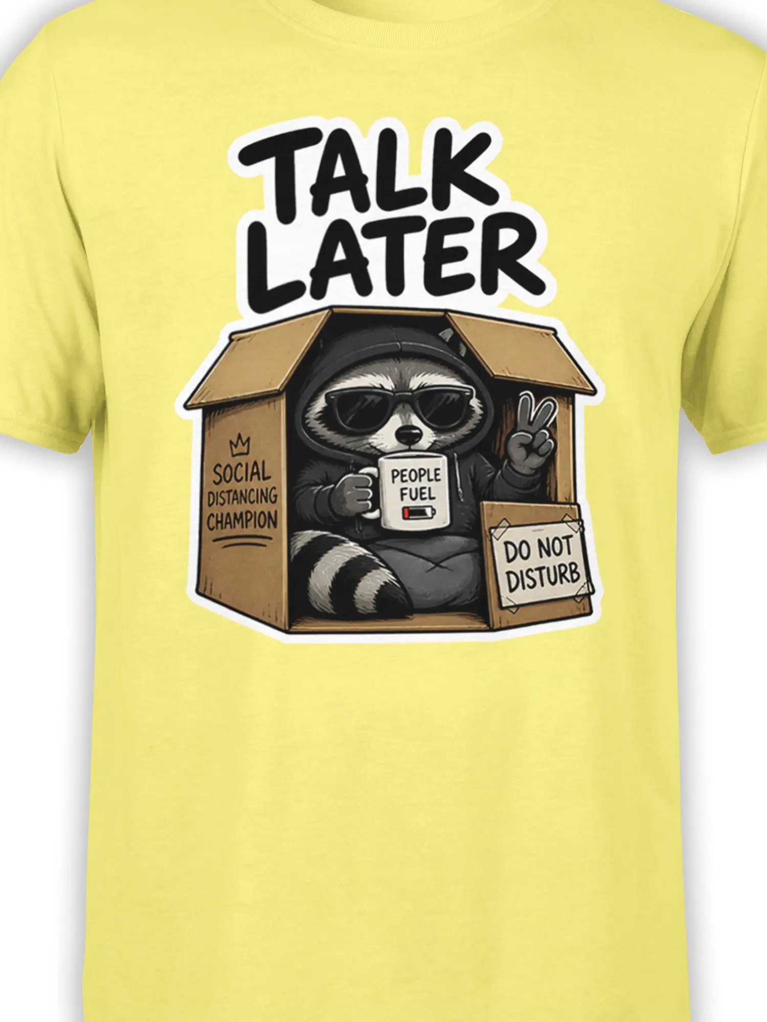 Close-up of raccoon graphic in a box with “Talk Later” and “Do Not Disturb” text