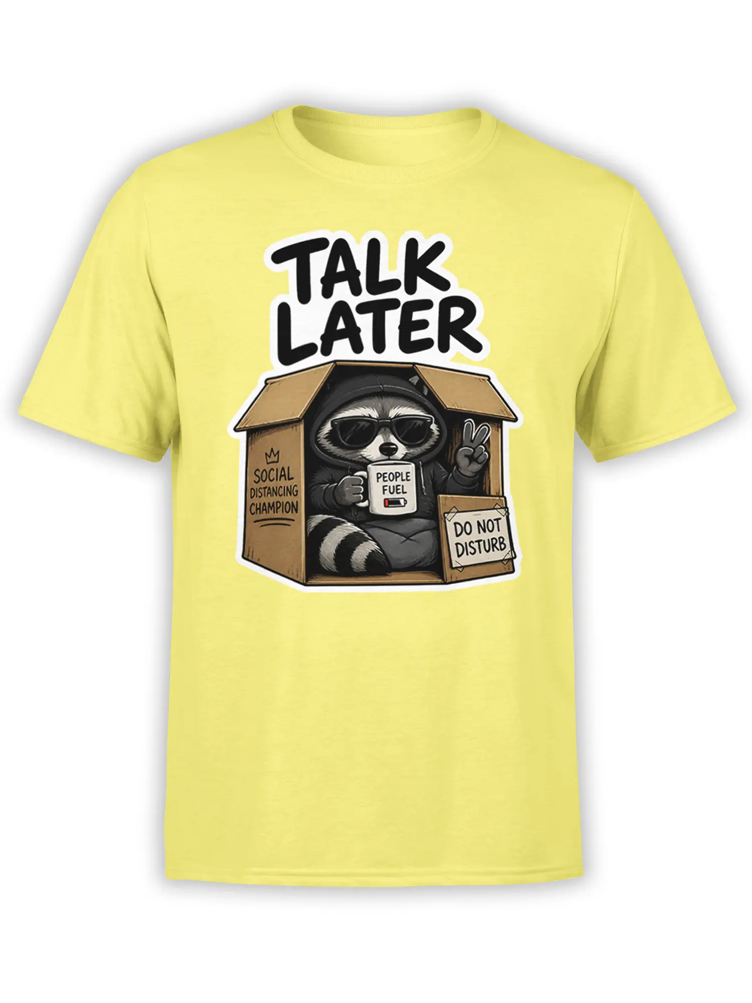 Yellow T-shirt with a raccoon in sunglasses, a coffee mug, and “Talk Later” text