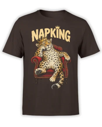 Brown shirt with a crowned leopard lounging in a red armchair under NAPKING lettering