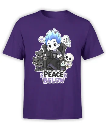 Purple Hades mythology T-shirt with three cute dark dogs, ghosts, skulls, and Peace Below artwork