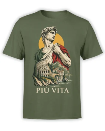 Green Italy T-shirt with a classical Roman figure, coastal ruins, mountains, and PIU VITA lettering