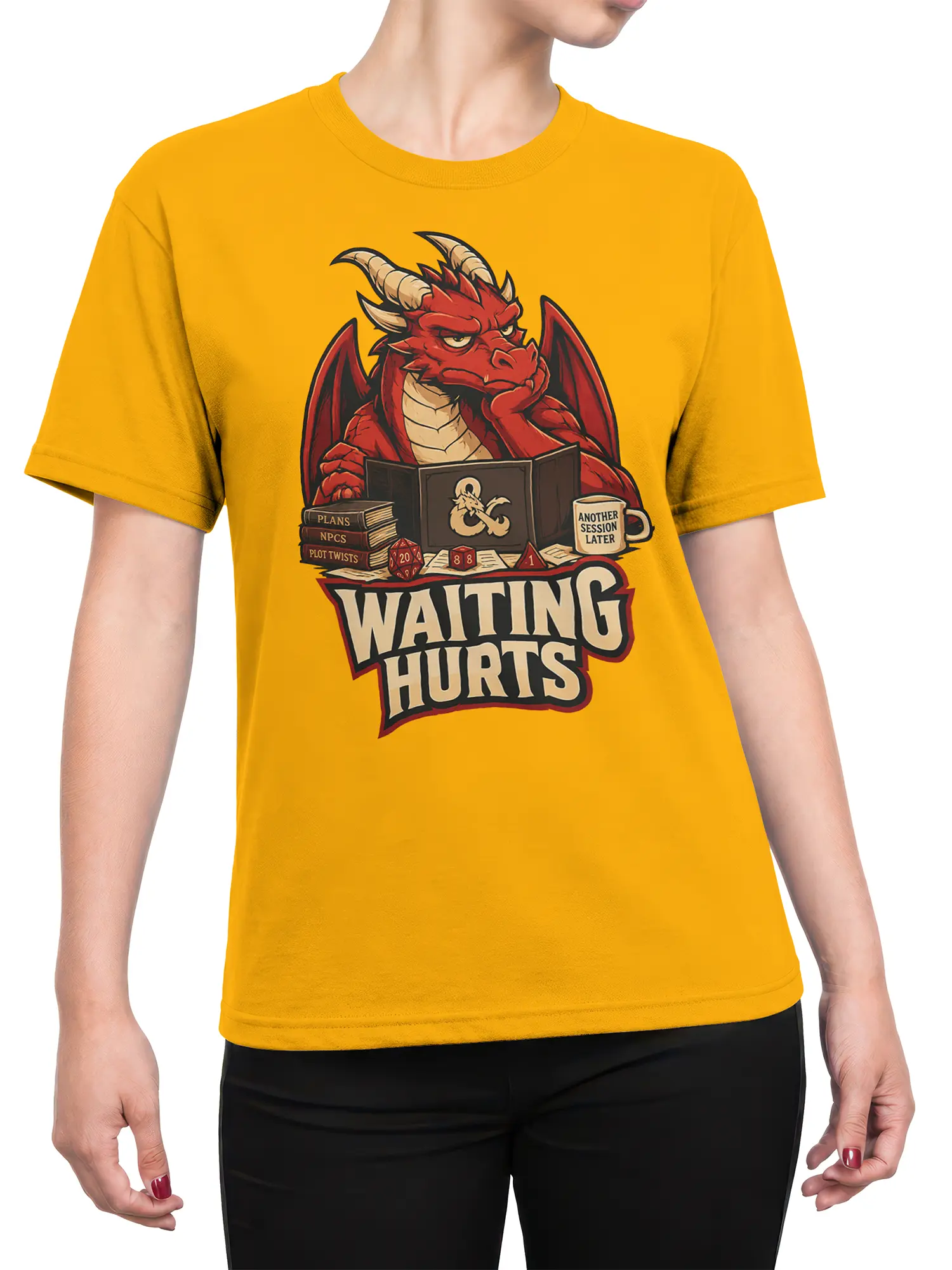 Female torso wearing an orange dragon T-shirt with tabletop gaming artwork and Waiting Hurts lettering