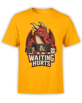Orange T-shirt with a red horned dragon, tabletop dice, fantasy books, and Waiting Hurts artwork