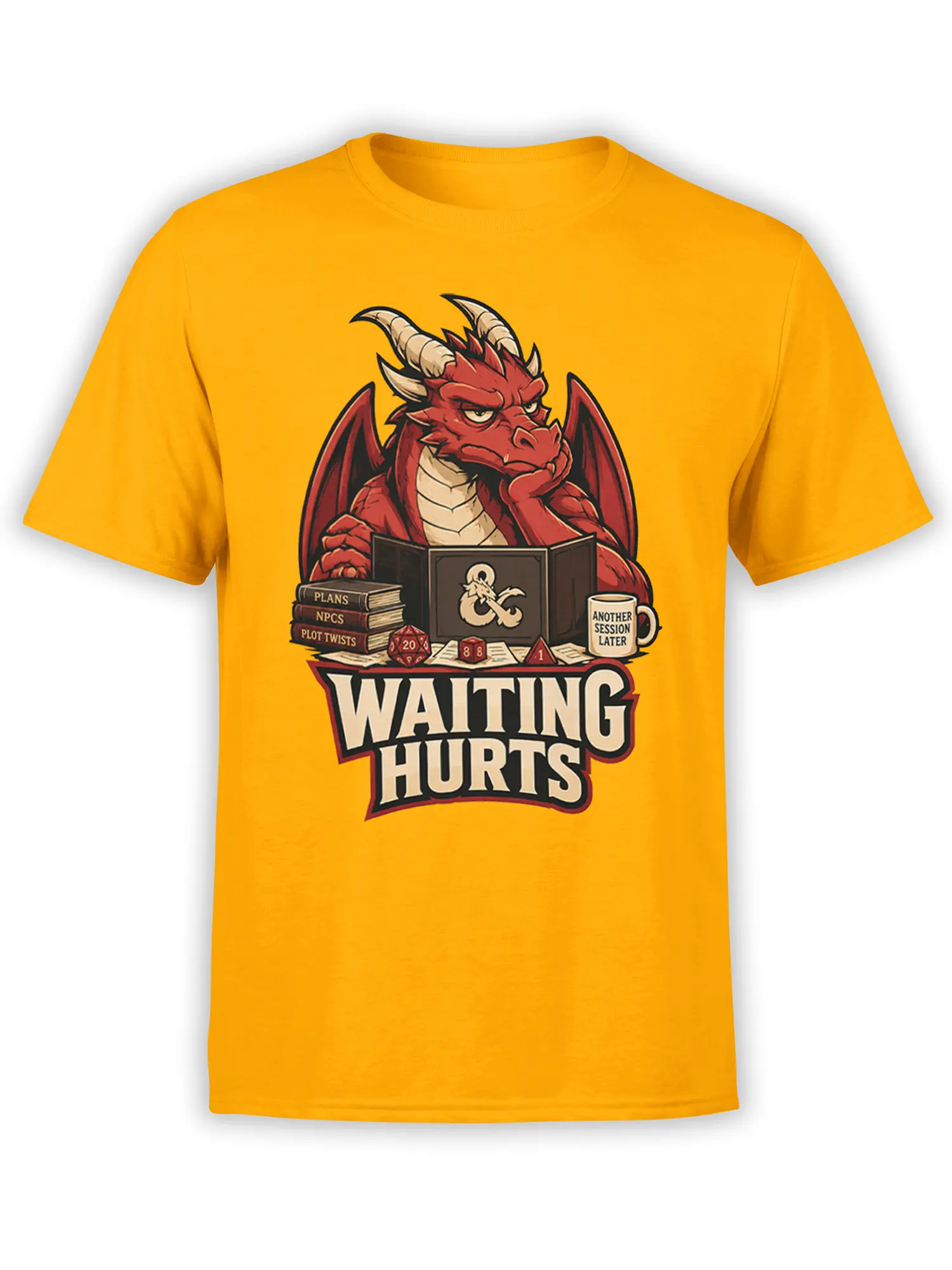 Orange T-shirt with a red horned dragon, tabletop dice, fantasy books, and Waiting Hurts artwork