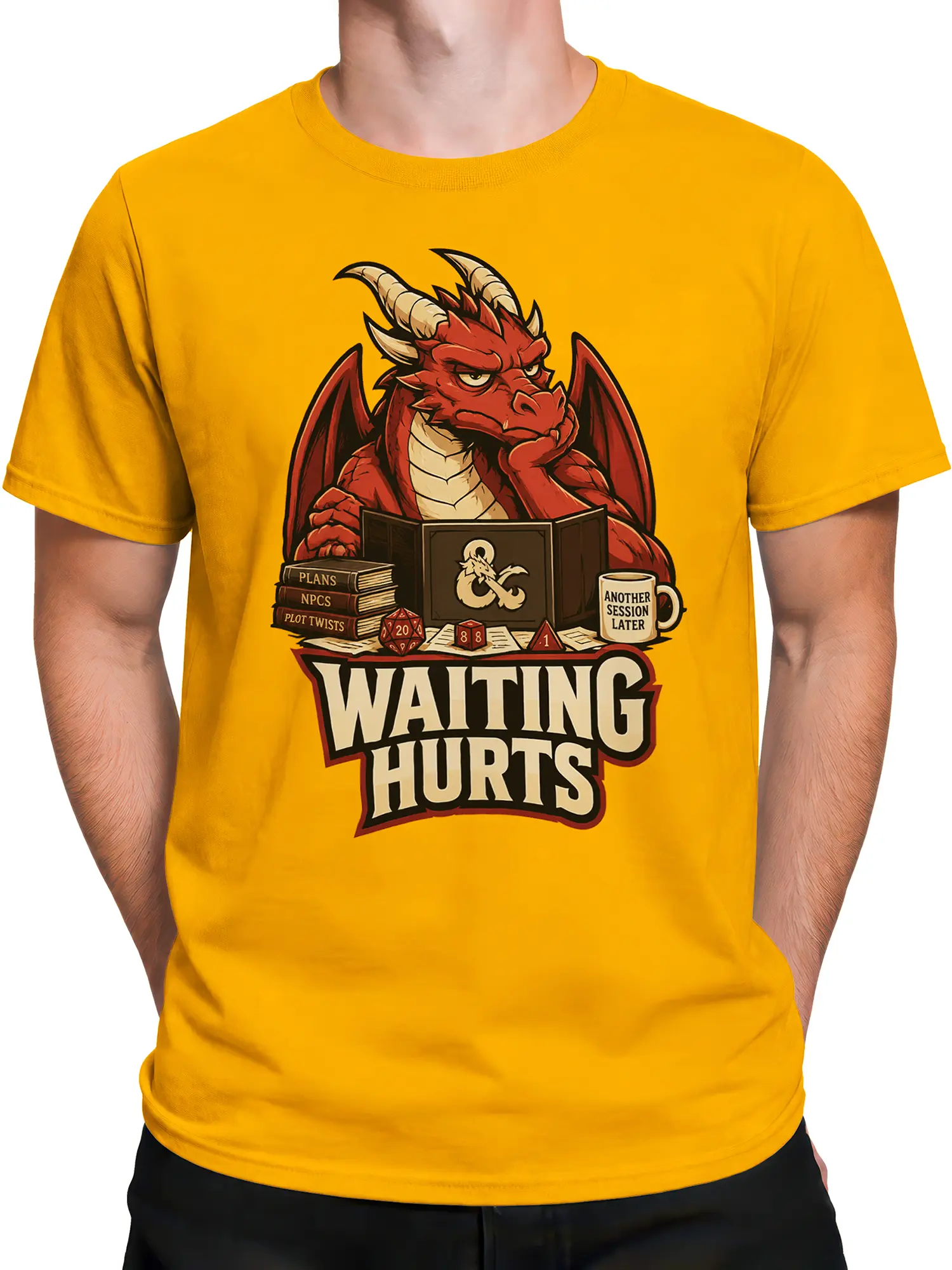 Male torso wearing an orange dragon T-shirt with tabletop dice and Waiting Hurts artwork
