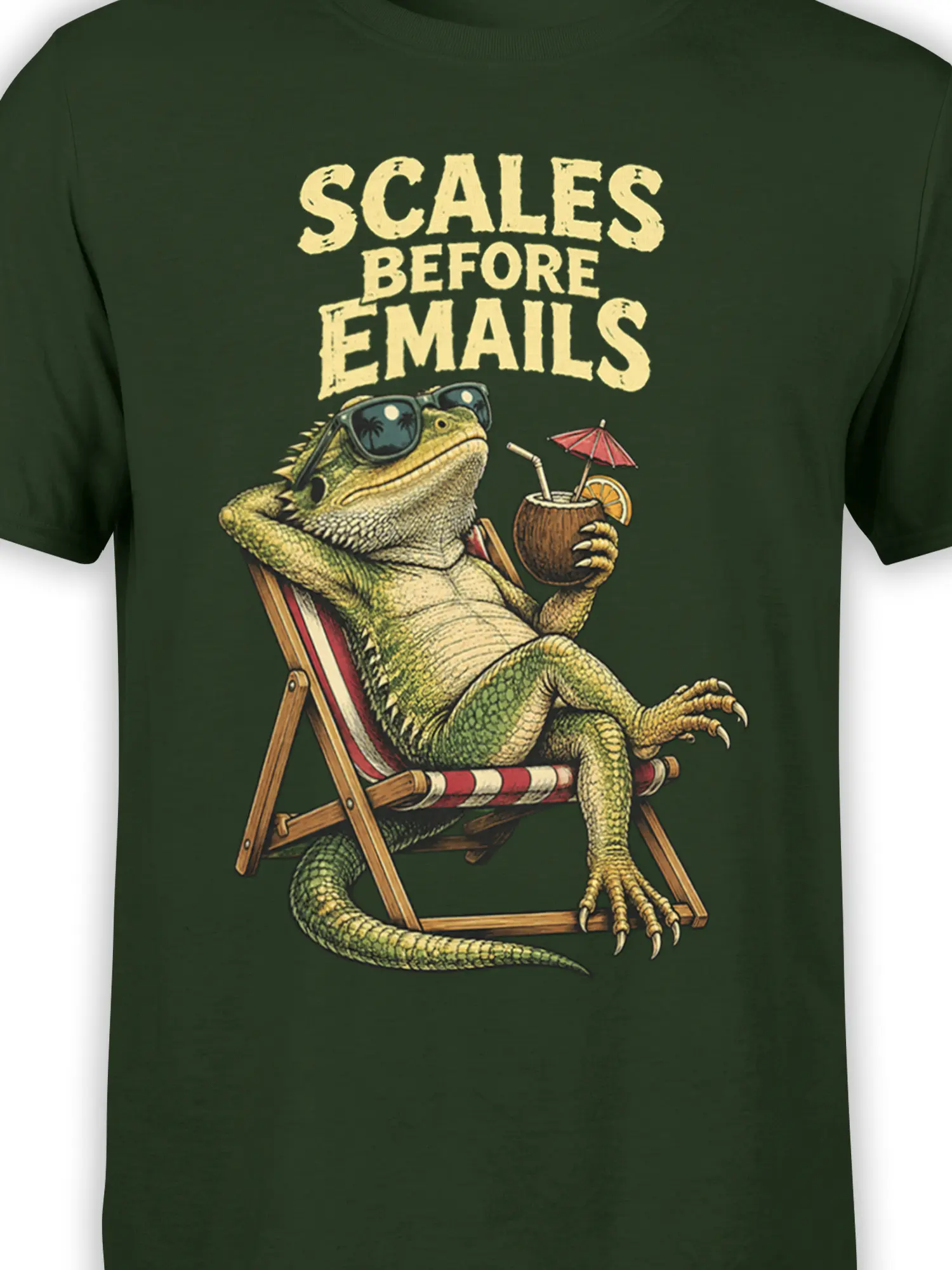 Close-up of the iguana, tropical drink, and distressed SALES BEFORE EMAILS design on a dark green shirt