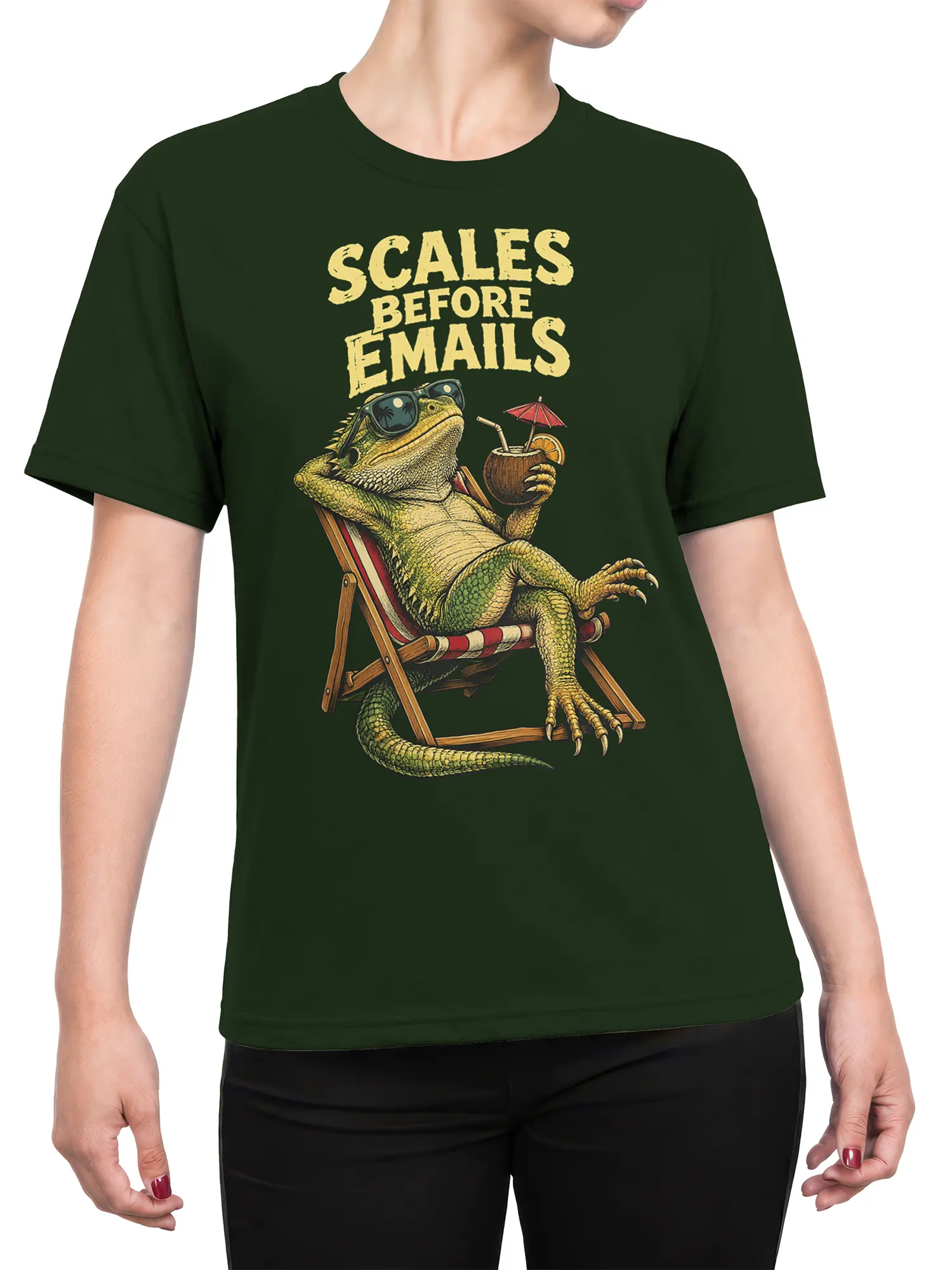Female torso wearing a dark green iguana sales humor T-shirt with tropical drink artwork and bold cream lettering