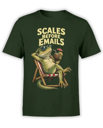 Dark green iguana sales humor T-shirt with sunglasses, tropical drink, and SALES BEFORE EMAILS lettering