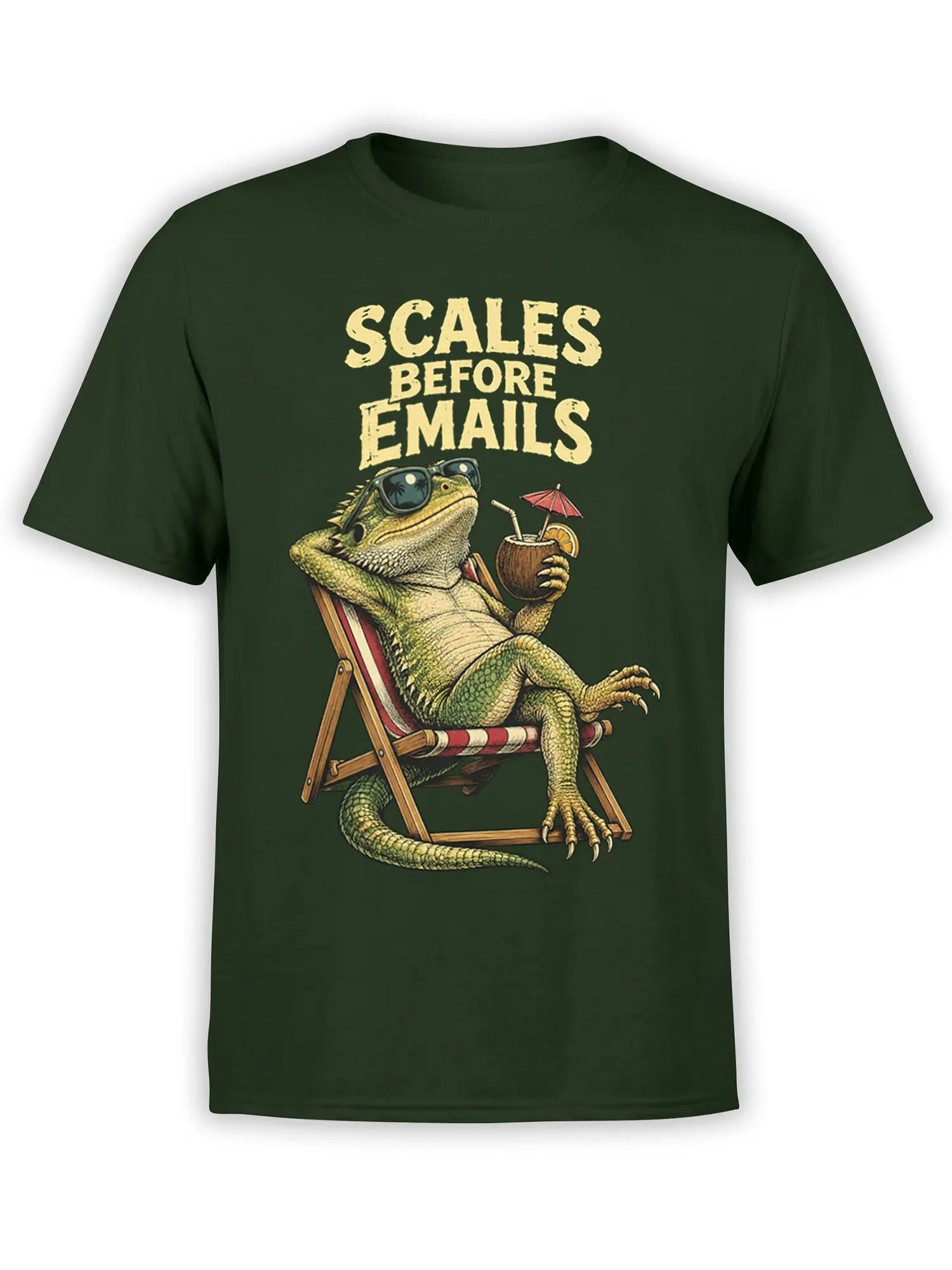 Dark green iguana sales humor T-shirt with sunglasses, tropical drink, and SALES BEFORE EMAILS lettering
