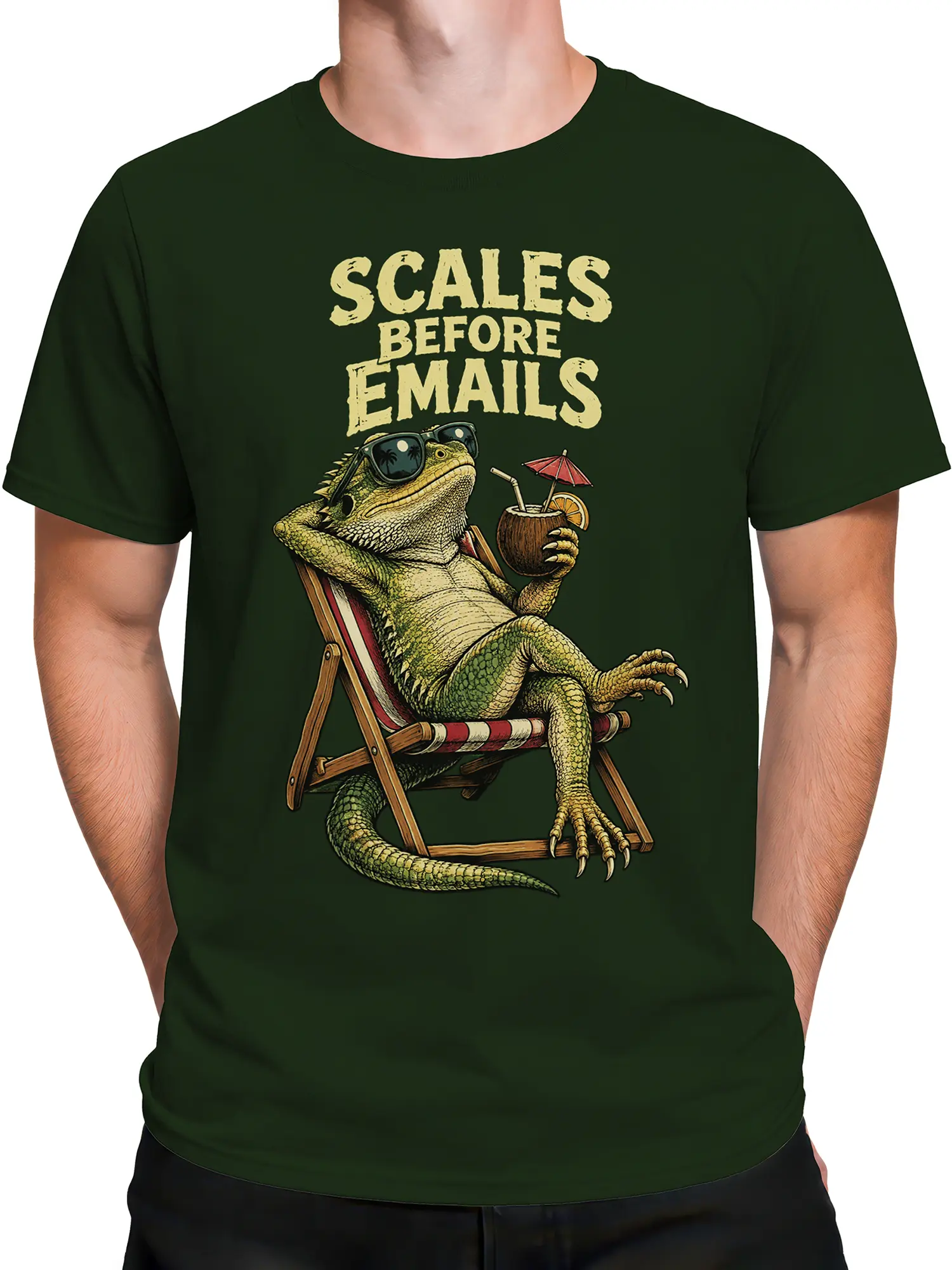 Male torso wearing a dark green iguana T-shirt with sunglasses, tropical drink, and sales humor artwork
