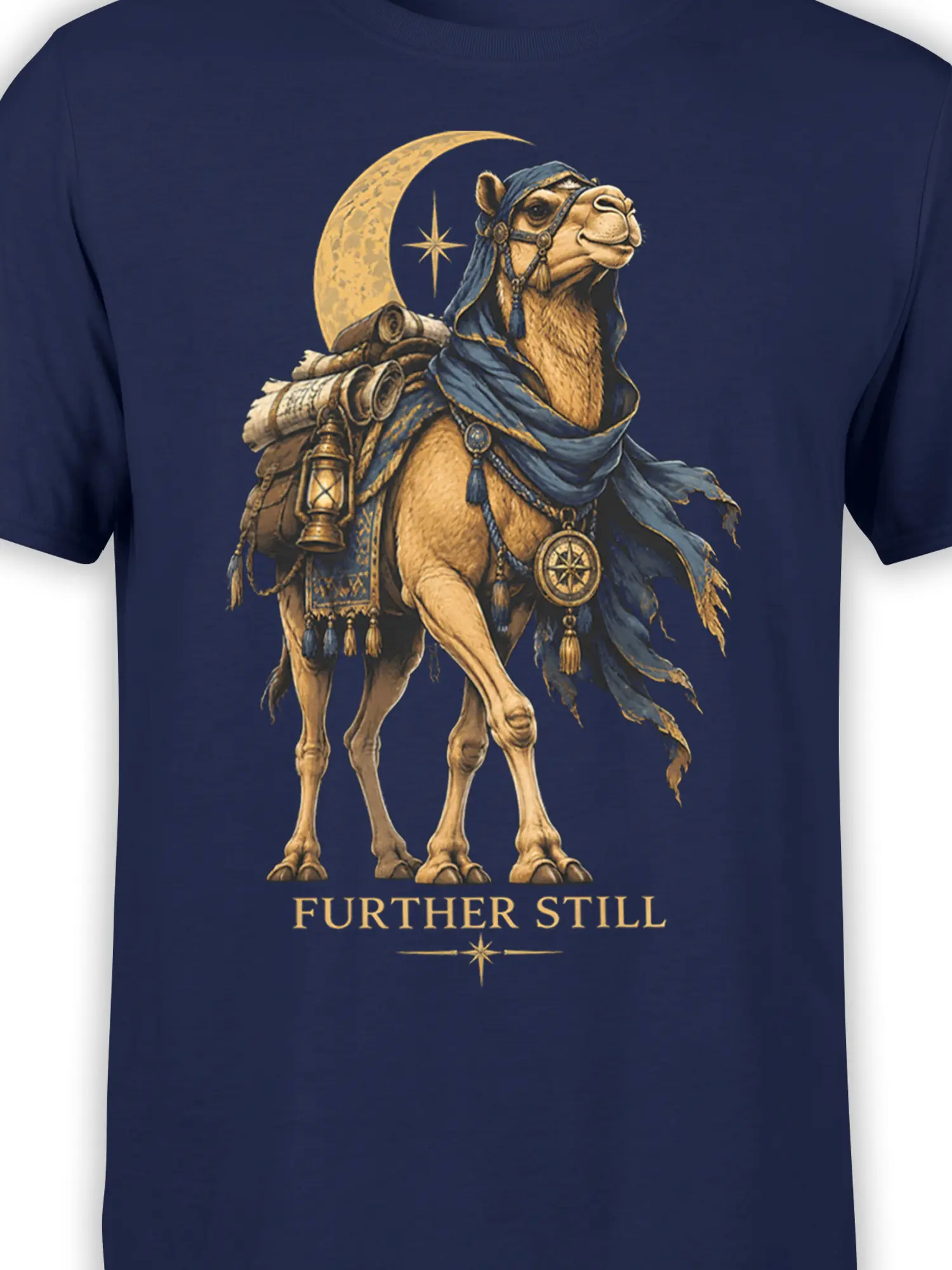 Close-up of camel traveler artwork with blue scarf, scrolls, lantern, compass, crescent moon, and gold details on navy fabric
