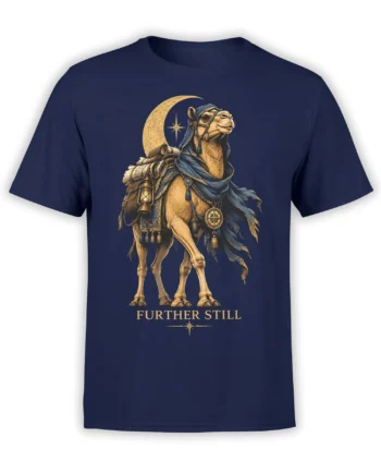 Front view of navy camel fantasy T-shirt with robed traveler, crescent moon, lantern, compass, and “FURTHER STILL”