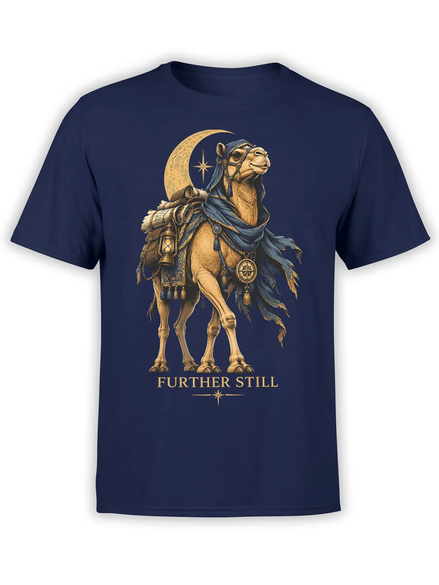 Front view of navy camel fantasy T-shirt with robed traveler, crescent moon, lantern, compass, and “FURTHER STILL”