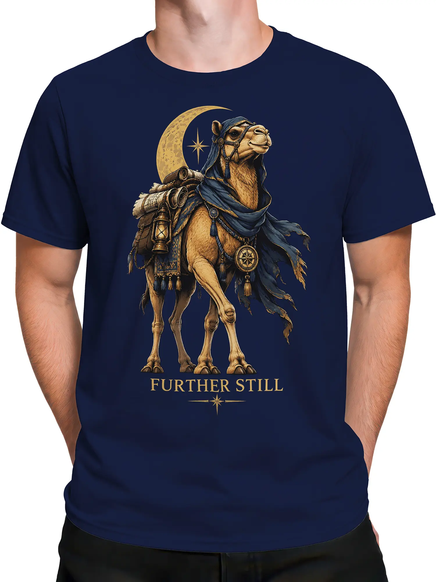 Male torso wearing a navy camel fantasy T-shirt with a robed traveler, crescent moon, compass, lantern, scrolls, and text