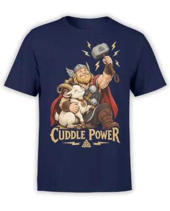 Navy T-shirt featuring a smiling thunder god holding a fluffy white goat beneath golden lightning and Cuddle Power text