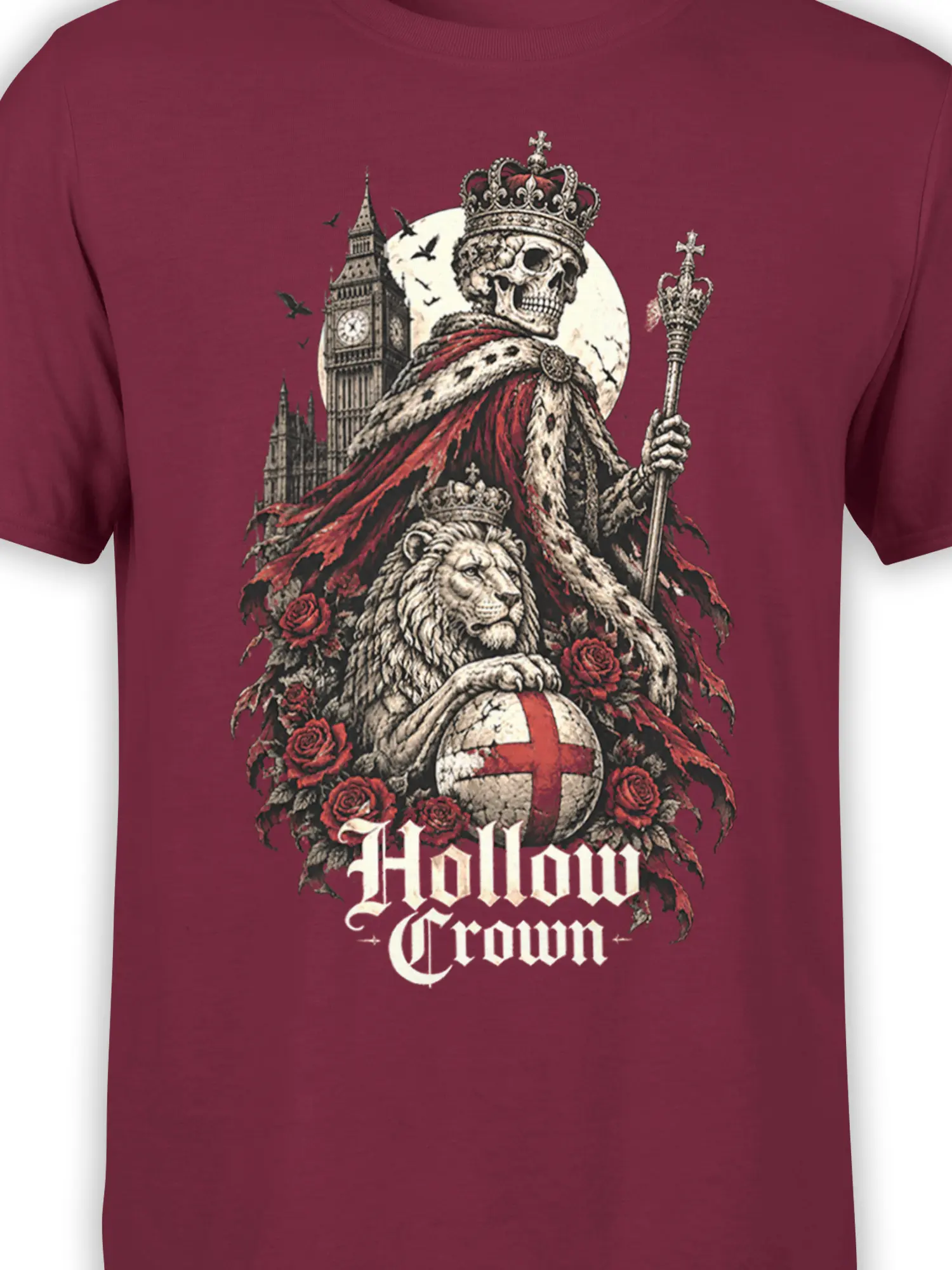 Close-up of the crowned skull, lion, roses, and English flag in a gothic burgundy T-shirt design