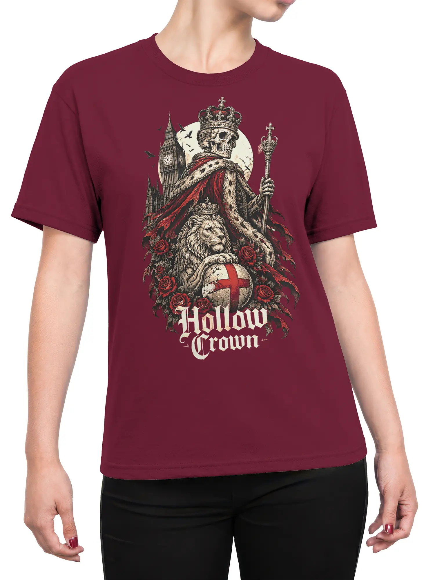 Female torso wearing a burgundy T-shirt with a gothic crowned skull and lion England graphic