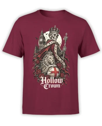 Royal skull and crowned lion graphic with clock tower, roses, and English flag on a burgundy T-shirt