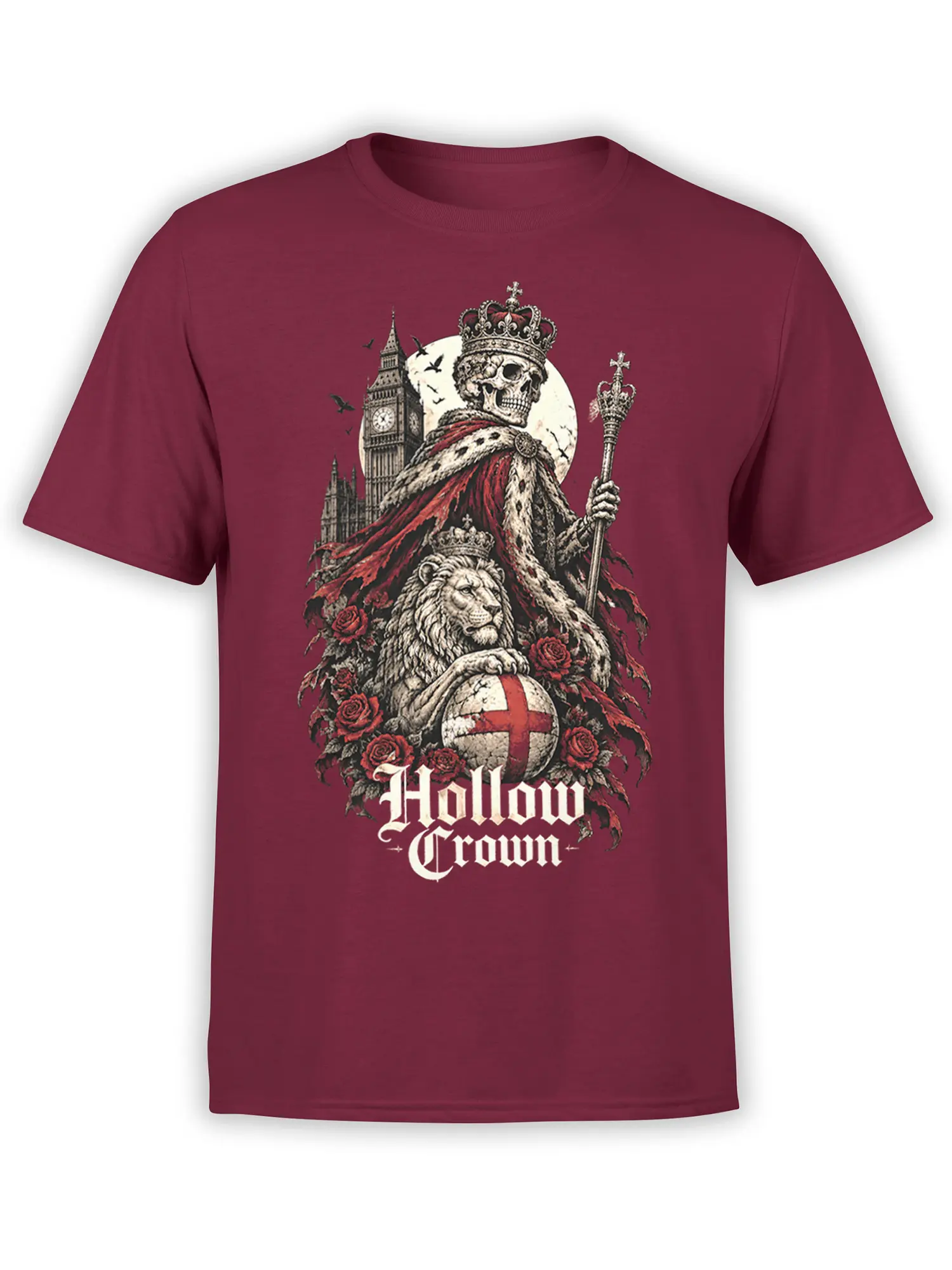 Royal skull and crowned lion graphic with clock tower, roses, and English flag on a burgundy T-shirt