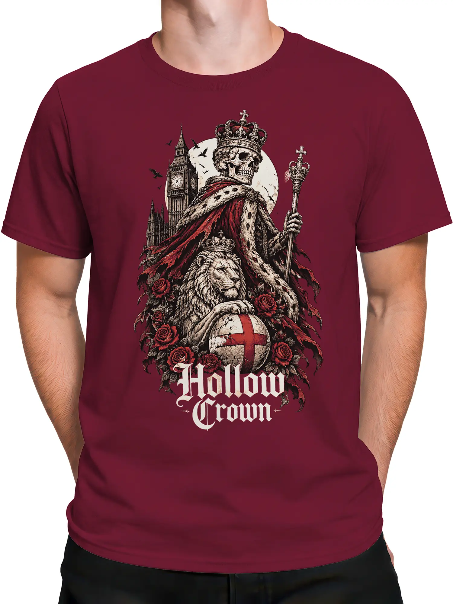 Male torso wearing a burgundy T-shirt with a gothic royal skull and lion graphic