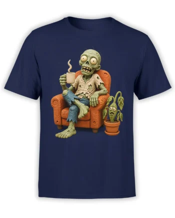 Funny zombie sitting in an orange armchair with coffee and a wilted plant on a navy T-shirt