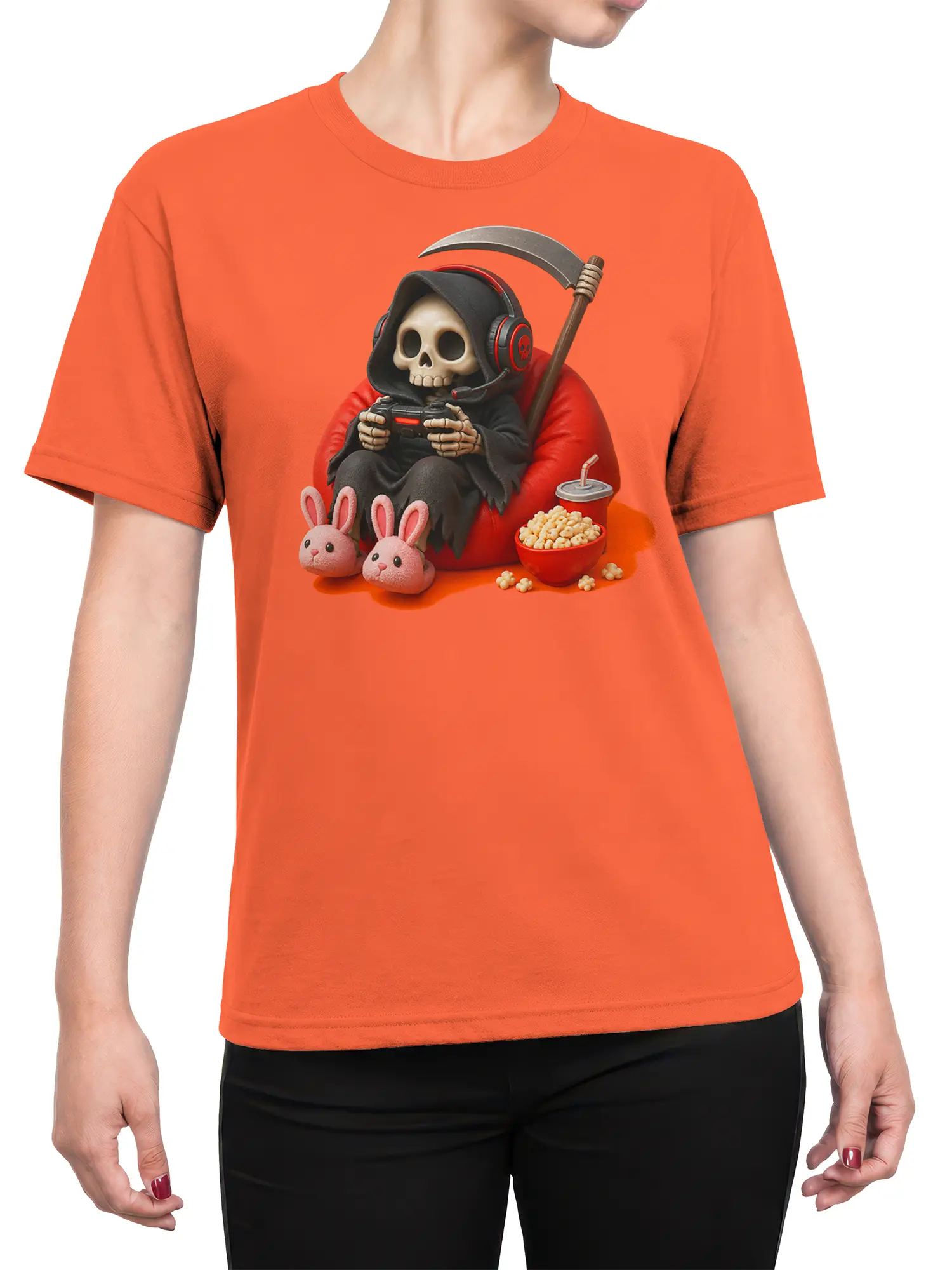 Female torso wearing an orange T-shirt with a hooded skull gamer, scythe, bunny slippers, popcorn, and soda