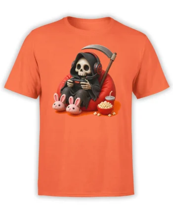 Orange T-shirt with a hooded skull gamer wearing a headset, holding a controller, and sitting with popcorn