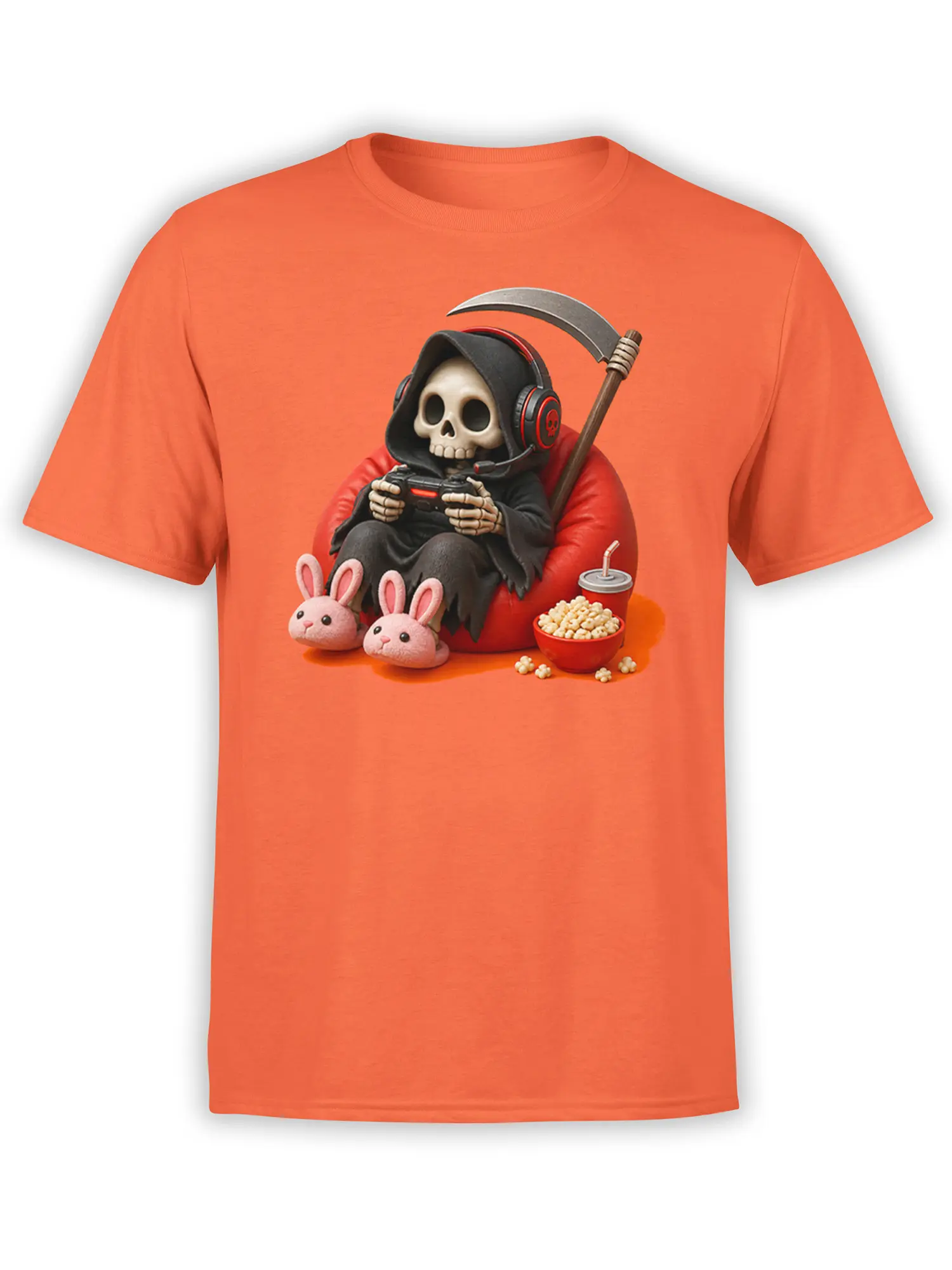Orange T-shirt with a hooded skull gamer wearing a headset, holding a controller, and sitting with popcorn