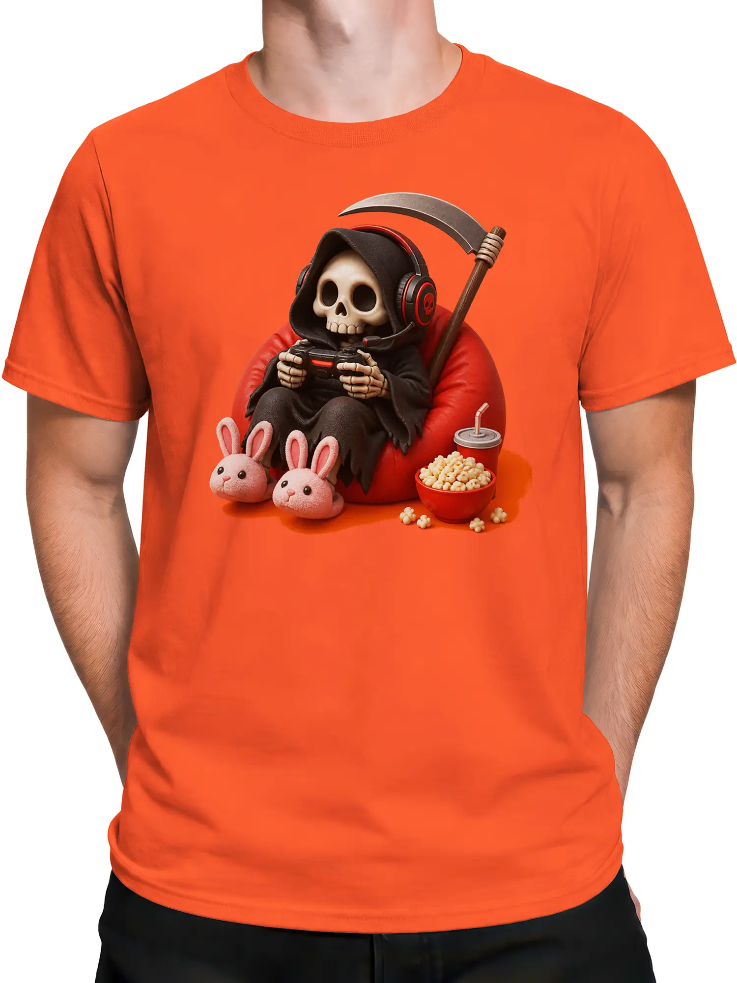 Male torso wearing an orange T-shirt with a hooded skull gamer and dark gaming humor artwork