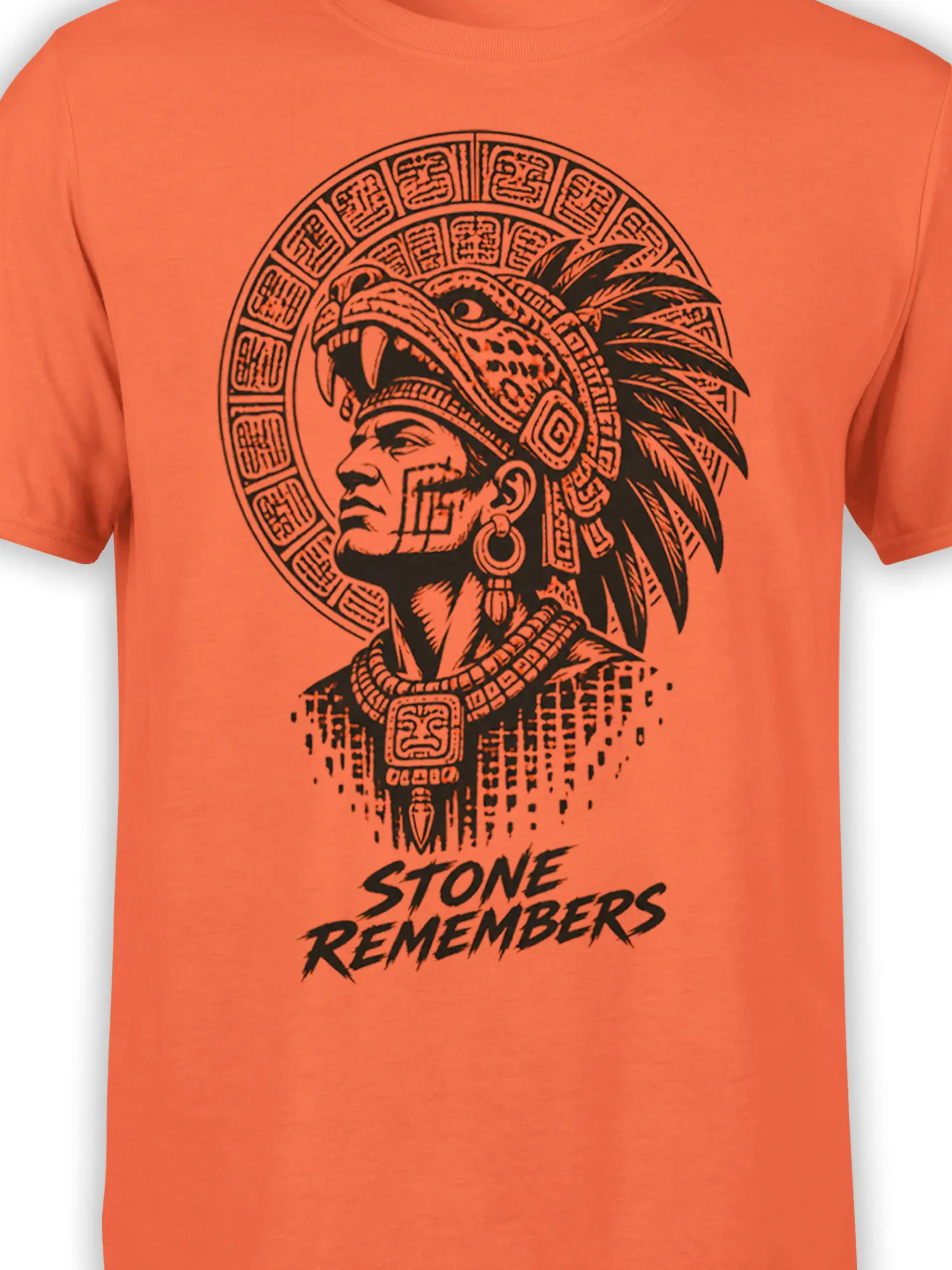 Close-up of black warrior portrait and carved symbols on an orange Stone Remembers T-shirt