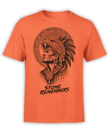 Orange T-shirt with black indigenous warrior portrait, feathered headdress, symbols, and Stone Remembers text