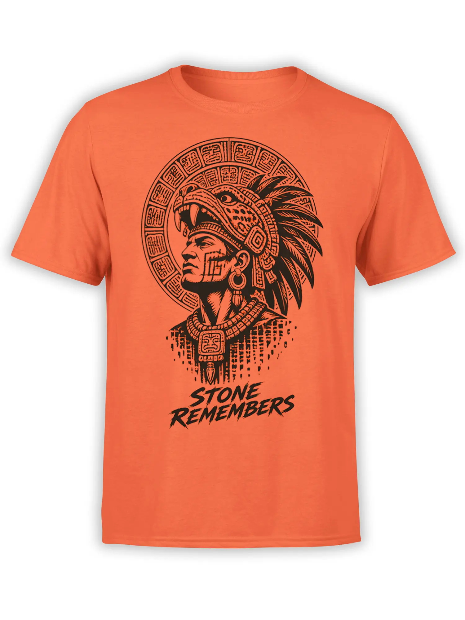 Orange T-shirt with black indigenous warrior portrait, feathered headdress, symbols, and Stone Remembers text
