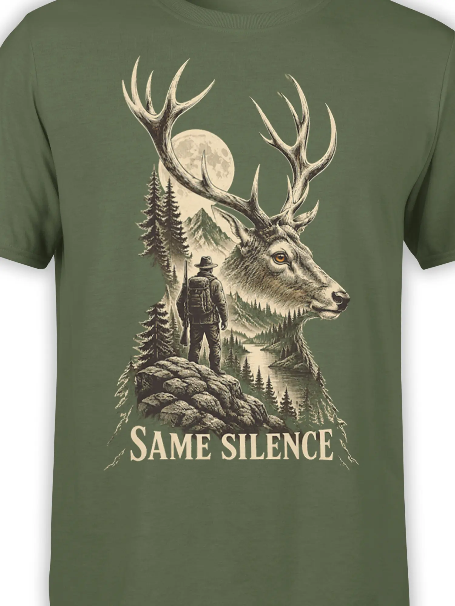 Close-up of the stag and hiker wilderness artwork on a green deer graphic t-shirt