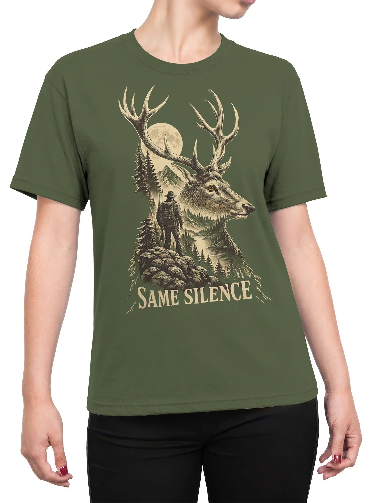 Female torso wearing a green deer t-shirt with a moonlit stag and wilderness graphic