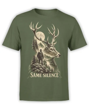 Green deer t-shirt with a large antlered stag, hiker, moon, mountains, pine trees, lake, and Same Silence text