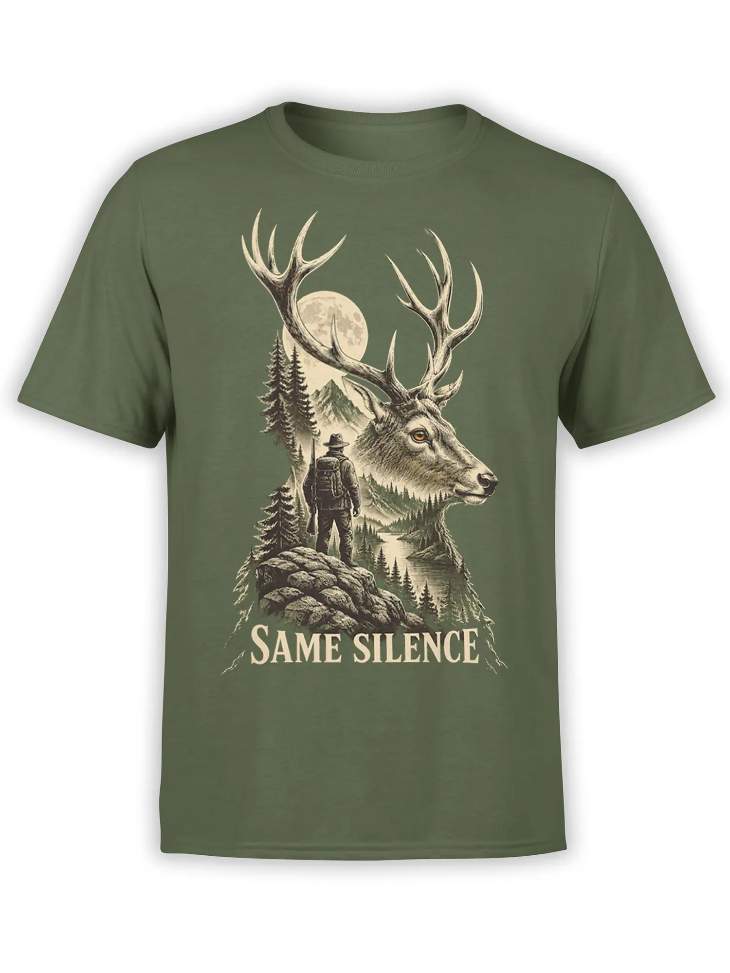Green deer t-shirt with a large antlered stag, hiker, moon, mountains, pine trees, lake, and Same Silence text