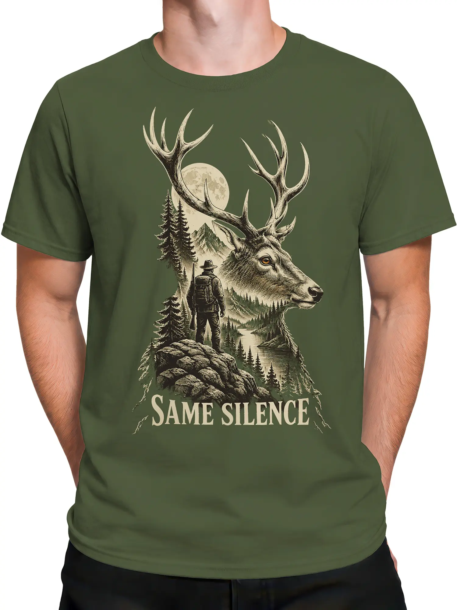 Male torso wearing a green deer t-shirt with a vintage stag and mountain wilderness design