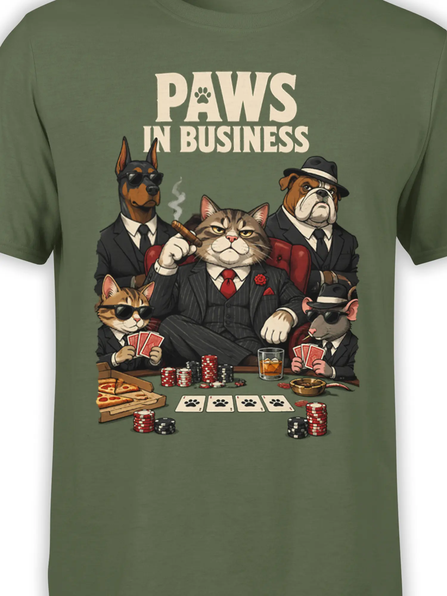 Close-up of suited cats and dogs, poker chips, cards, and Paws in Business art on green fabric