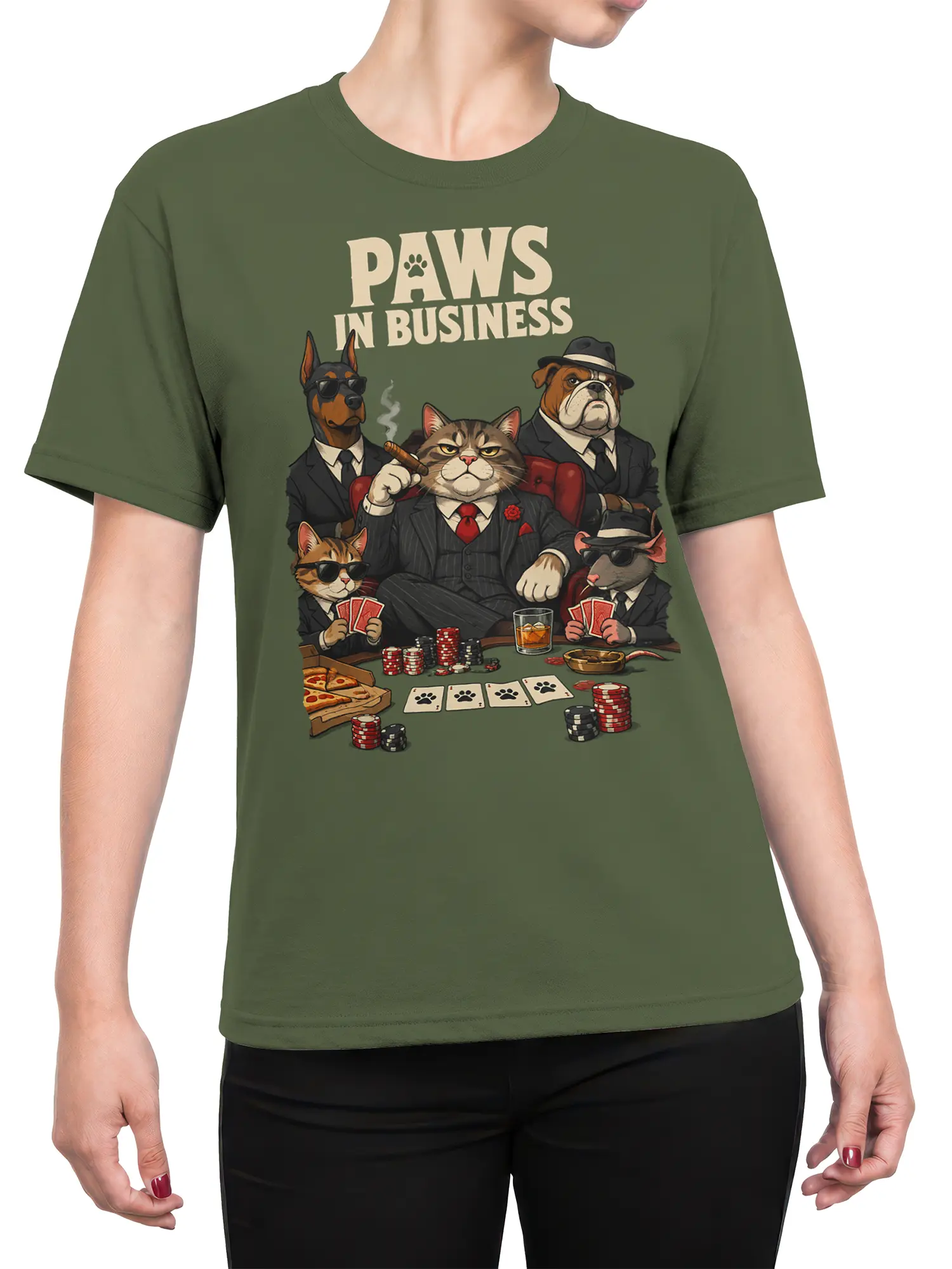 Female torso wearing a green Paws in Business shirt with suited cats and dogs playing poker