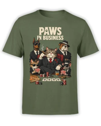Green T-shirt with suited cats and dogs playing poker under Paws in Business lettering