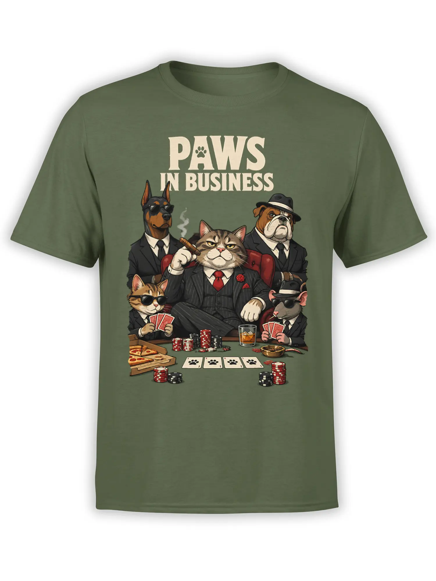 Green T-shirt with suited cats and dogs playing poker under Paws in Business lettering