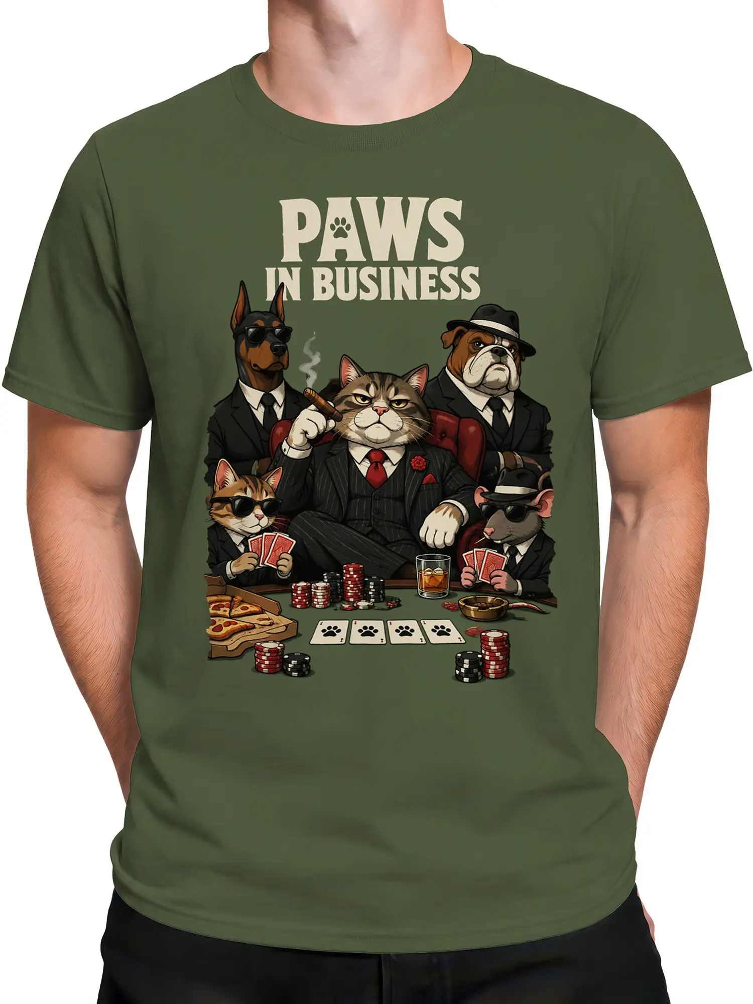 Male torso wearing a green animal poker shirt with suited cats, dogs, cards, and chips
