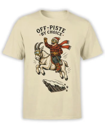 Beige T-shirt with a vintage off-piste illustration of a goggled goat carrying a skier over a snowy cliff