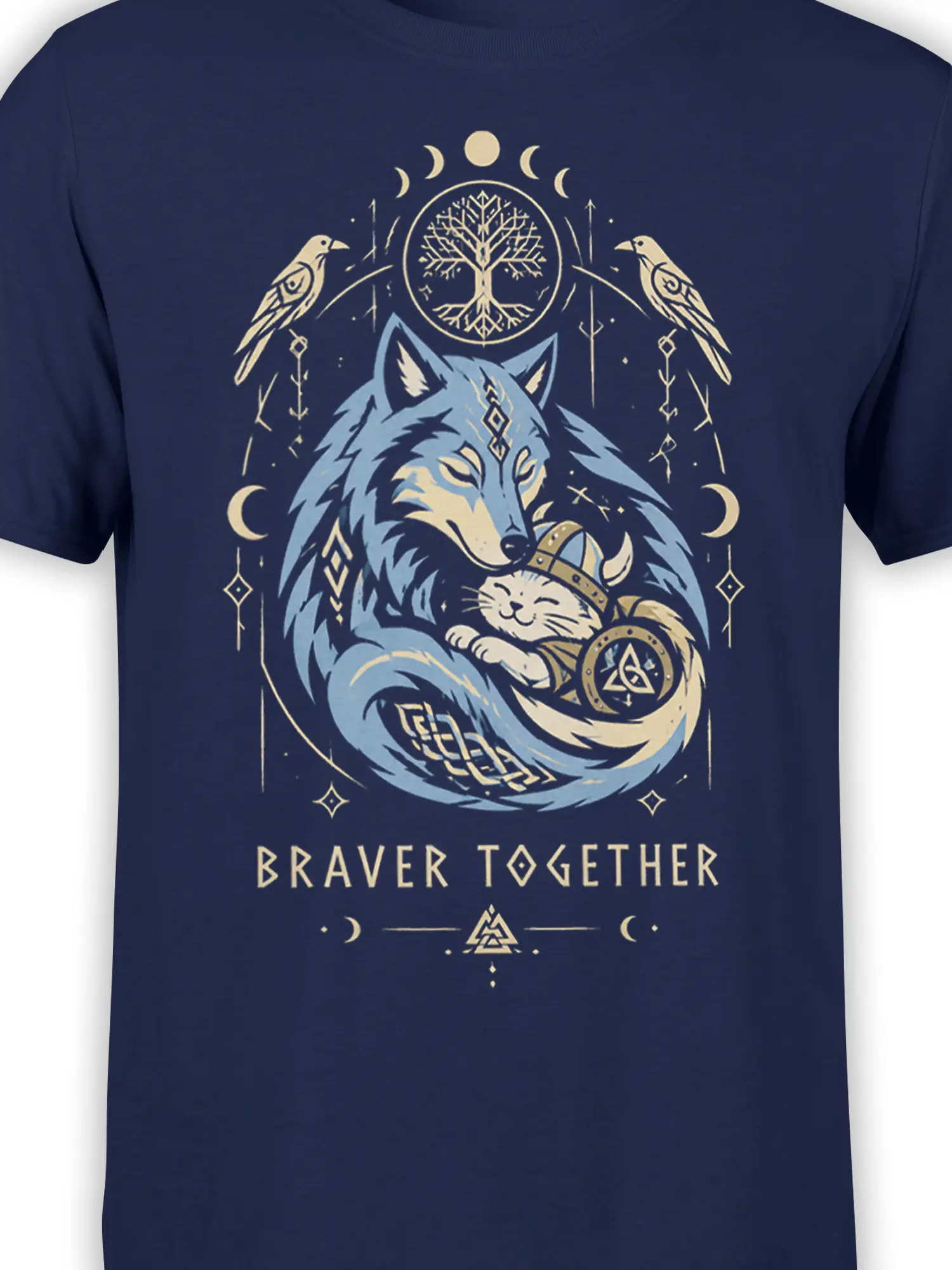 Close-up of the blue wolf and helmeted cat graphic with Nordic symbols on a navy T-shirt