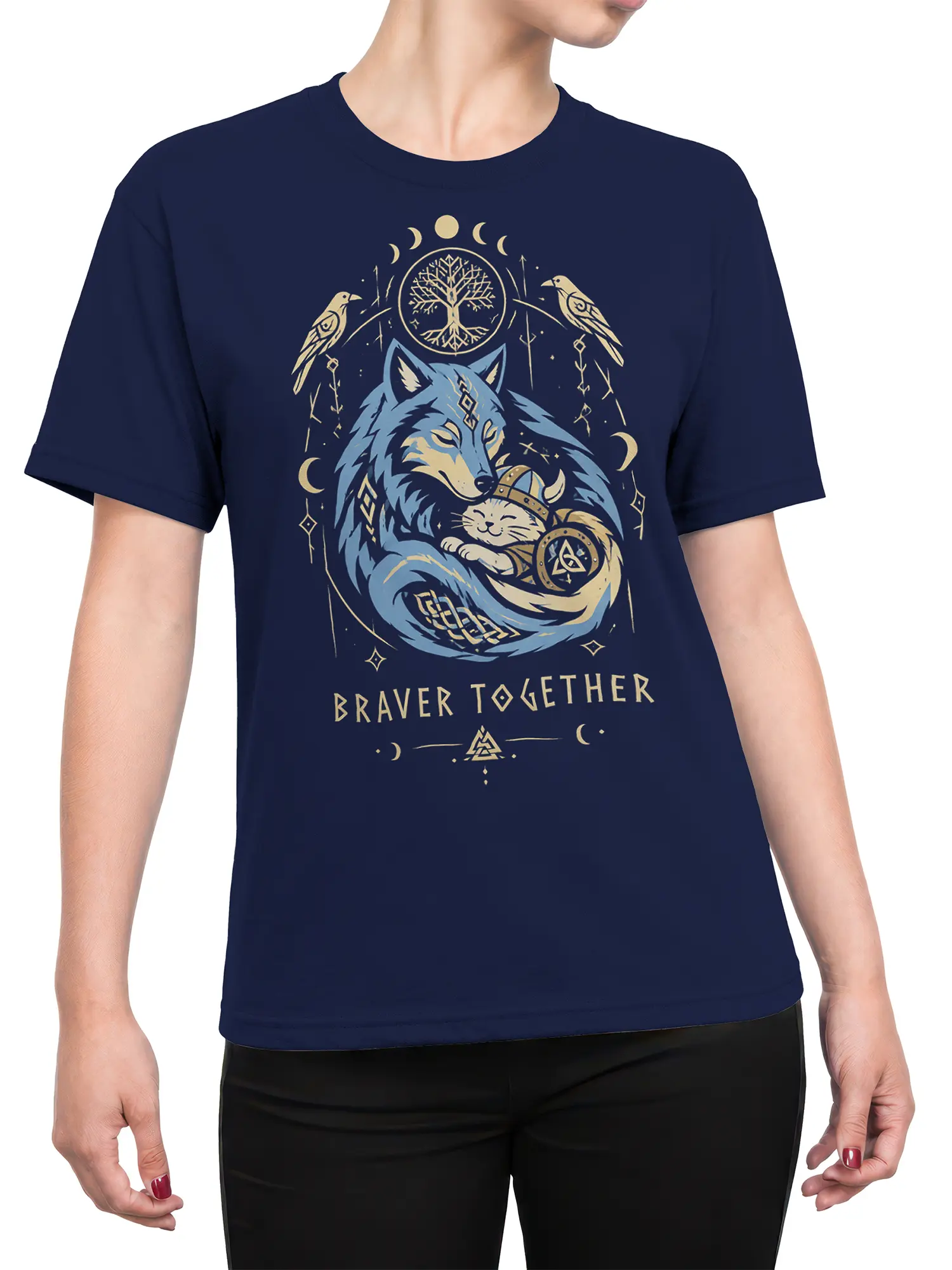 Female torso wearing a navy wolf and cat T-shirt with a Braver Together fantasy graphic